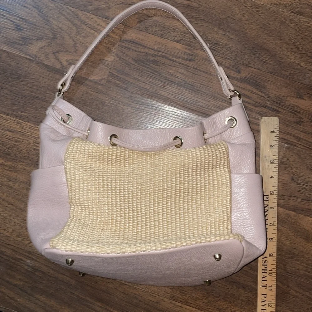 Unica Firenze Made In Italy Leather Raffia Panels Bucket Hobo Bag